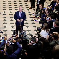 Newly-elected Speaker of the House Kevin McCarthy, Republican-California, talks to reporters after a contentious battle to lead the GOP majority in the 118th Congress, at the Capitol in Washington, January 7, 2023. (AP Photo/Matt Rourke)