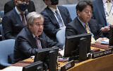 United Nations Secretary General Antonio Guterres, left, speaks alongside Hayashi Yoshimasa, Minister for Foreign Affairs of Japan, during a Security Council meeting, January 12, 2023, at United Nations headquarters. (AP Photo/John Minchillo)