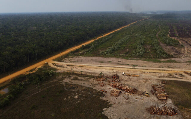 An area of forest on fire near a logging area in the Transamazonica highway region, in the municipality of Humaita, Amazonas state, Brazil, Sept. 17, 2022. (AP Photo/Edmar Barros, file)