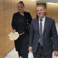 Incoming New Zealand prime minister Chris Hipkins (right) and his incoming deputy Carmel Sepuloni arrive for a press conference at Parliament in Wellington, January 22, 2023. (AP/Nick Perry)