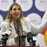 Republican National Committee chairman Ronna McDaniel speaks during a Get Out To Vote rally in Tampa, Florida, October 18, 2022. (Chris O'Meara/AP)