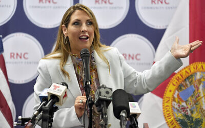 Republican National Committee chairman Ronna McDaniel speaks during a Get Out To Vote rally in Tampa, Florida, October 18, 2022. (Chris O'Meara/AP)