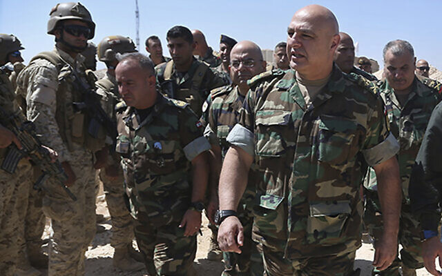 Lebanese Army Commander Gen. Joseph Aoun, right, in Ras Baalbek, northeast Lebanon, on August 23, 2017.  (Lebanese Army Website via AP)