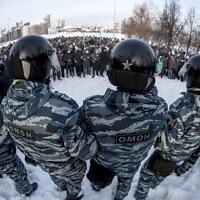 Police block a protest against the jailing of opposition leader Alexei Navalny in Yekaterinburg, Russia, Jan. 23, 2021. (AP Photo/Anton Basanayev, file)