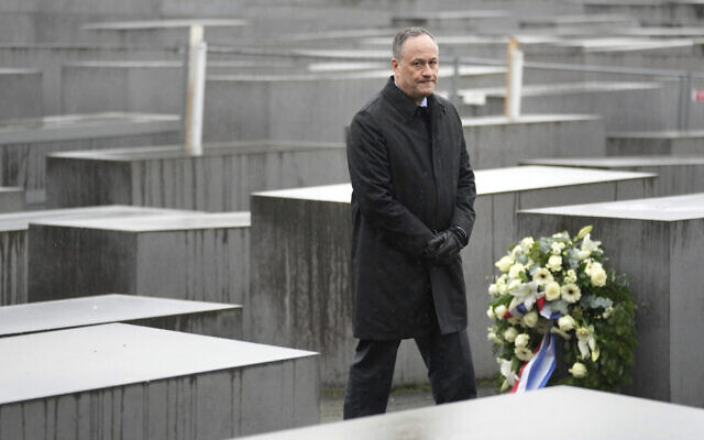 Doug Emhoff, the husband of US Vice President Kamala Harris, stands between concrete steles after a wreath laying ceremony as part of his visit at the 'Memorial to the Murdered Jews of Europe' in Berlin, Germany, January 31, 2023. (Michael Sohn/AP)