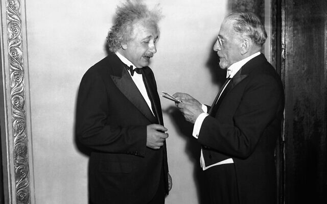 Albert Einstein, left, and Henry Morgenthau Sr., former US ambassador to Turkey, in New York on May 13, 1935, during a dinner held to raise funds for the aid of the children of German-Jewish refugees. (AP Photo/Anthony Camerano)