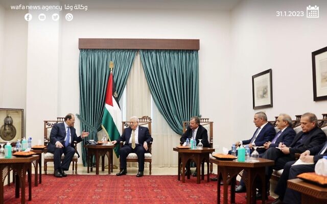 Palestinian Authority President Mahmoud Abbas meets with the intelligence chiefs of Egypt and Jordan, in the West Bank city of Ramallah, January 31, 2023. (Wafa)