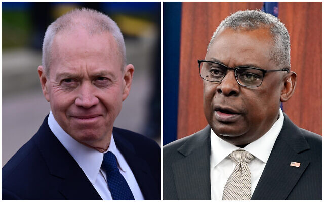 Left: Defense Minister Yoav Gallant during a ceremony at the IDF headquarters in Tel Aviv, January 1, 2023; Right: US Defense Secretary Lloyd Austin speaks during a briefing at the Pentagon in Washington, November 16, 2022. (Tomer Neuberg/Flash90; AP Photo/Susan Walsh, File)