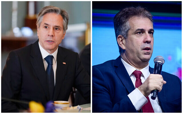 US Secretary of State Antony Blinken (L) and Foreign Minister Eli Cohen. (Collage/AP, Flash90)