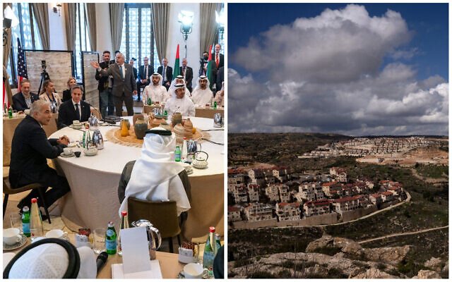 The opening roundtable at the Negev Summit in Sde Boker on March 28, 2022; A general view of the West Bank settlement of Efrat on March 10, 2022. (AP/Jacquelyn Martin/Maya Alleruzzo)