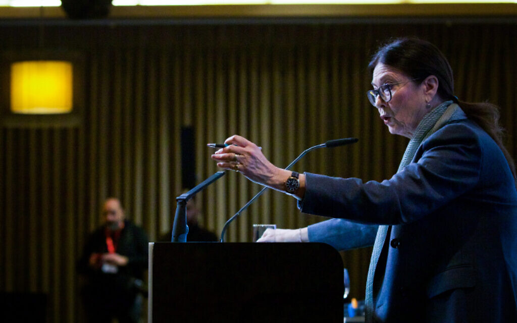 President of the Supreme Court Esther Hayut speaks at a conference in Haifa on January 12, 2023. (Shir Torem/Flash90)