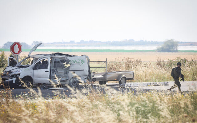 File: The scene where a car was hit by a anti-tank guided missile fired from the Gaza Strip on the Route 34 highway, May 5, 2019. (Noam Revkin Fenton/Flash90)