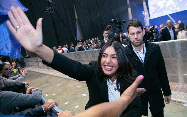 Miri Regev and Moshe Ben Zaken, right, at the Likud party headquarters on March 2, 2020 (Olivier Fitoussi/Flash90)