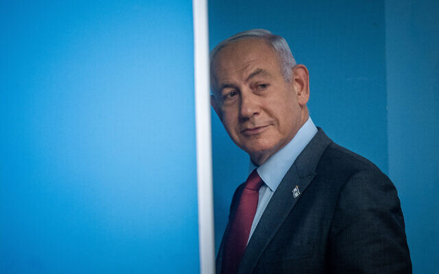 Prime Minister Benjamin Netanyahu at a press conference in Jerusalem, on January 25, 2023. (Yonatan Sindel/Flash90)