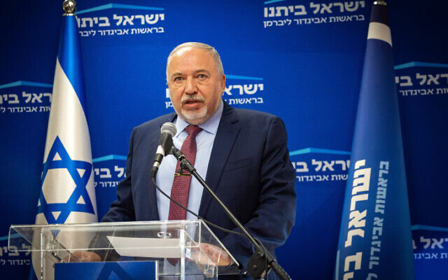Yisrael Beytenu party chairman Avigdor Liberman speaks during a faction meeting at the Knesset, December 12, 2022. (Yonatan Sindel/Flash90)
