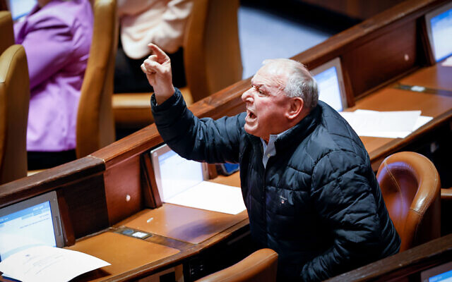 MK David Amsalem reacts during a plenum session of the Knesset on December 19, 2022. (Olivier Fitoussi/Flash90)