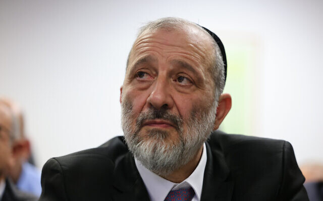 Interior and Health Minister Aryeh Deri at a ceremony of the incoming minister of Social Affairs Yaacov Margi (not seen), at the Social Affairs Ministry in Jerusalem on January 1, 2023. (Yonatan Sindel/FLASH90)