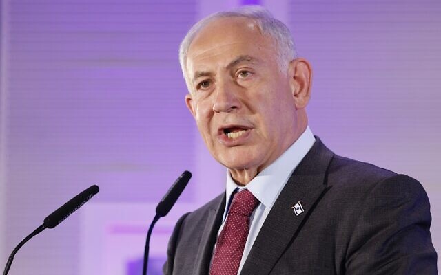 Prime Minister Benjamin Netanyahu speaks during the Jabotinsky conference in Jerusalem, January 4, 2023. (Marc Israel Sellem/Pool/Flash90)