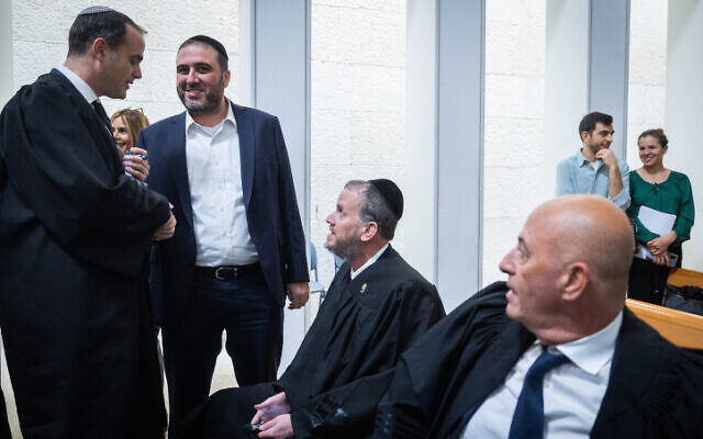 Shas MK Moshe Arbel (second from left) at the High Court hearing over the appointment of Shas leader Aryeh Deri as a minister, January 5, 2023. (Yonatan Sindel/Flash90)