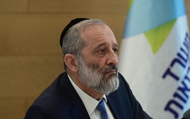 Shas leader Aryeh Deri seen at a meeting of the healthcare basket committee, at Sheba Medical Center in Ramat Gan, on January 18, 2023. (Tomer Neuberg/Flash90)