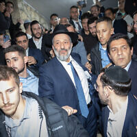 Health and Interior Minister Aryeh Deri outside his home in Jerusalem, January 18, 2023. (Yonatan Sindel/Flash90)