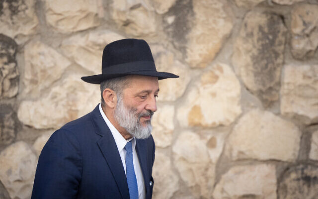 Health and Interior Minister Aryeh Deri seen outside his home in Jerusalem on January 19, 2023. (Yonatan Sindel/Flash90)