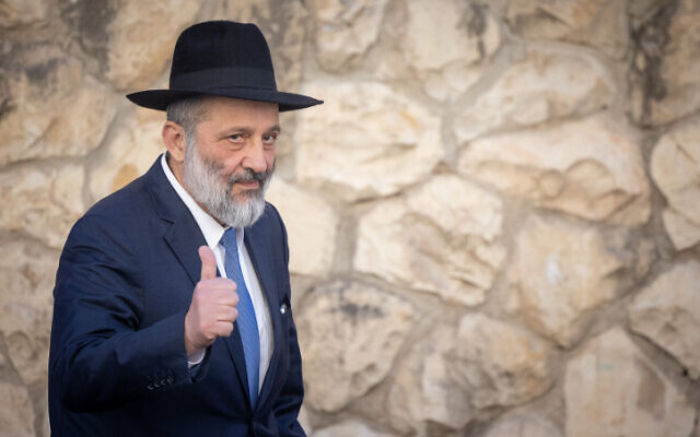 Health and Interior Minister Aryeh Deri seen outside his home in Jerusalem on January 19, 2023.  (Yonatan Sindel/Flash90