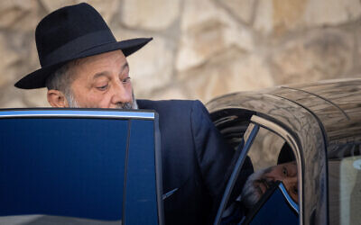 Shas leader Aryeh Deri seen outside his home in Jerusalem, January 19, 2023, a day after the High Court ruled he cannot hold ministerial office. (Yonatan Sindel/Flash90)