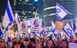 Tens of thousands of Israelis protest against the government's planned judicial overhaul, in Tel Aviv, January 21, 2023. (Avshalom Sassoni/Flash90)