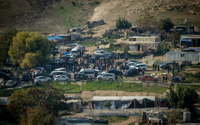 View of the Bedouin village Khan al-Ahmar, in the West Bank on January 23, 2023. (Yonatan Sindel/Flash90)