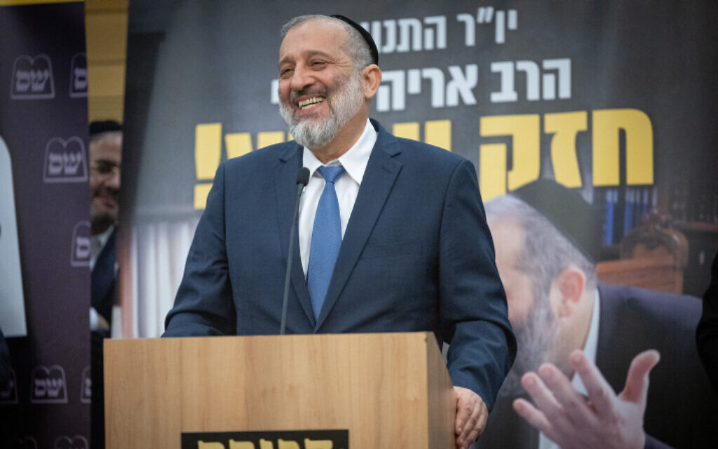 Shas leader MK Aryeh Deri at a Shas faction meeting in Knesset, January 23, 2023. (Yonatan Sindel/Flash90)