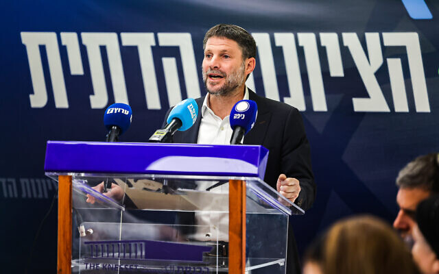 Finance Minister Bezalel Smotrich leads his Religious Zionism faction's meeting at the Knesset, January 23, 2023. (Yonatan Sindel/Flash90)