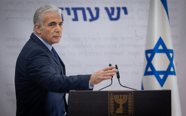Opposition leader and head of the Yesh Atid party MK Yair Lapid speaks during a faction meeting at the Knesset in Jerusalem, on January 23, 2023. (Yonatan Sindel/Flash90)