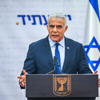 Yesh Atid party chair Yair Lapid speaks during a faction meeting at the Knesset in Jerusalem, on January 23, 2023. (Yonatan Sindel/Flash90)