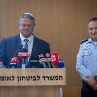 National Security Minister Itamar Ben Gvir (left) and police chief Kobi Shabtai hold a press conference at the National Security Ministry in Jerusalem, on January 24, 2023. (Yonatan Sindel/Flash90)