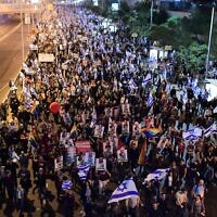 Israelis protest against the proposed changes to the legal system, in Tel Aviv, on January 28, 2023. (Tomer Neuberg/Flash90)