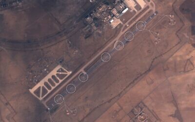 Sattalite imagery taken January 2, 2023, shows damage to the Damascus International Airport in Syria, following an airstrike attributed to Israel. (Sentinel Hub via @obretix)