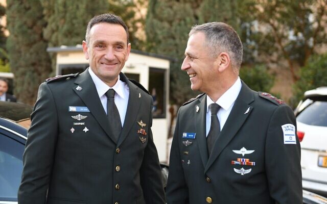 Incoming IDF chief Herzi Halevi (left), meets with the outgoing head Aviv Kohavi at the Prime Minister's Office in Jerusalem, January 16, 2023. (Israel Defense Forces)