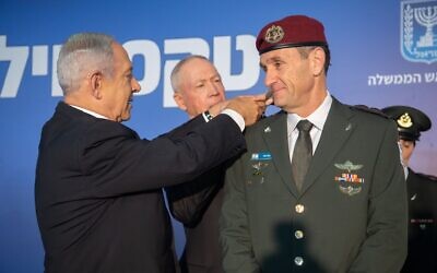 Prime Minister Benjamin Netanyahu and Defense Minister Yoav Gallant award incoming IDF chief Herzi Halevi with the rank of lieutenant general at the Prime Minister's Office in Jerusalem, January 16, 2023. (Israel Defense Forces)