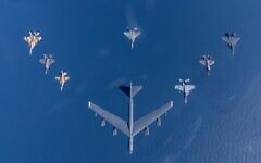 Israeli and American fighter jets fly alongside an American B-52 bomber over the Mediterranean Sea during the Juniper Oak 2023 drill, January 25, 2023. (CENTCOM)