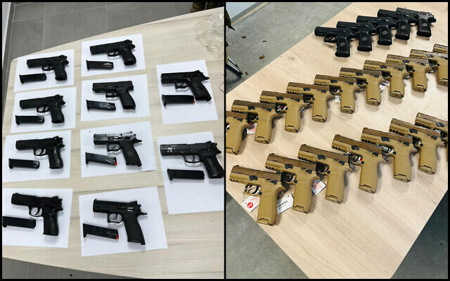 Weapons seized by security forces after alleged gun-smuggling incidents over the border with Jordan on January 8 and 5, 2023. (Israel Police; Israel Defense Forces)