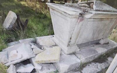 Damaged tombstones after vandalism at the Protestant Mount Zion Cemetery, January, 2023. (Israel Police)