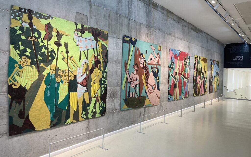 Rotem Amizur's 'The Flatland,' a series of large-scale, paper-based collages at the Herzliya Museum of Contemporary Art through May 20, 2023. (Jessica Steinberg/Times of Israel)