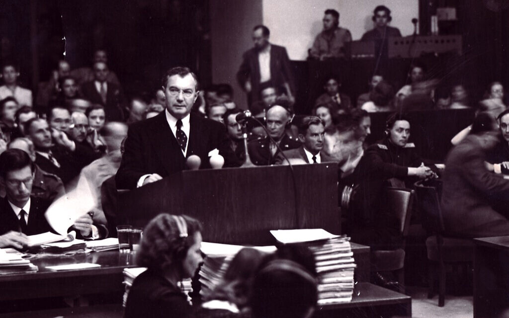Justice Robert H. Jackson in the Nuremberg Trials courtroom, 1945. (Courtesy of Kino Lorber)