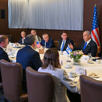 Prime Minister Benjamin Netanyahu and US National Security Adviser Jake Sullivan sit down in Jerusalem with other Israeli and US officials on January 19, 2023. (Kobi Gideon / GPO)