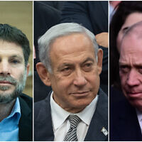 (L) Finance Minister Bezalel Smotrich (C) Prime Minister Benjamin Netanyahu (R) Defense Minister Yoav Gallant (Yonatan Sindel; Tomer Neuberg/Flash90)