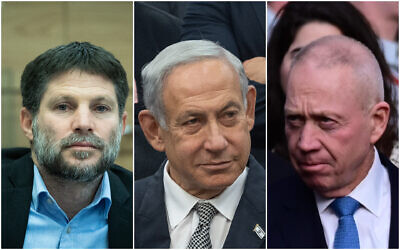 Finance Minister Bezalel Smotrich (L) Prime Minister Benjamin Netanyahu (C) and Defense Minister Yoav Gallant (R) (Yonatan Sindel; Tomer Neuberg/Flash90)