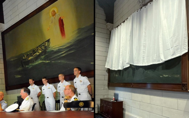 A before and after photo depicting how a painting of Jesus at the US Merchant Marine Academy in Kings Point, New York, is now obscured by a curtain. (Before: US Coast Guard; After: US Merchant Marine Academy via JTA)