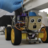 The new Tel Aviv University robot, with smell capabilities that use a locust's antenna (YouTube screen grab/Tel Aviv University)