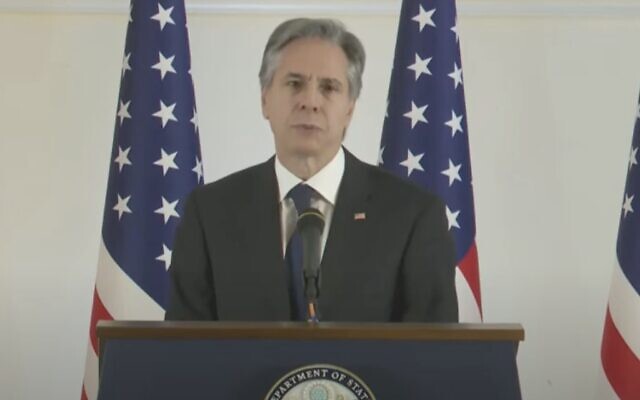 US Secretary of State Antony Blinken speaks during a press conference in Jerusalem, January 31, 2023. (Twitter screenshot; used in accordance with Clause 27a of the Copyright Law)